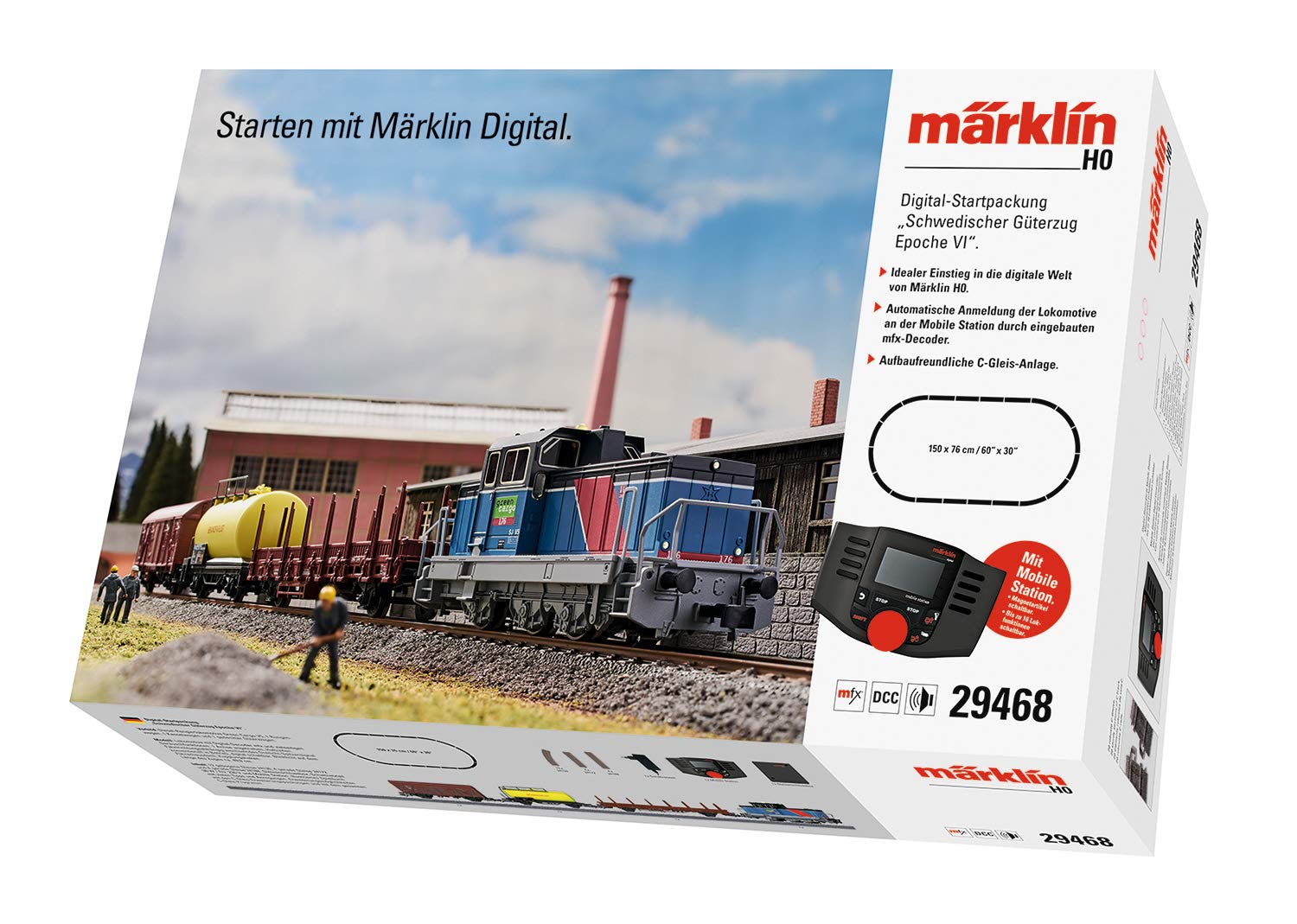 Märklin 29468 - Digital-Startpackung Schwedischer Güterzug Epoche 6, Spur H0 Modelleisenbahn, viele Soundfunktionen, mit Mobile Station C-Gleis Schienen, 49.9 x 3.5 x 5 cm