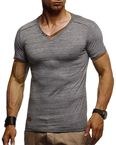 Leif Nelson Herren Sommer T-Shirt V-Ausschnitt Slim Fit Baumwolle-Anteil Moderner Männer T-Shirt V-Neck Hoodie-Sweatshirt Kurzarm lang LN1355 Anthrazit XX-Large