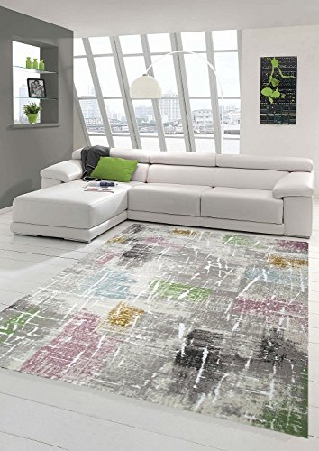 Designer und Moderner Teppich Kurzflor Wohnzimmerteppich in Lila Beige Grün Blau Größe 80 x 300 cm