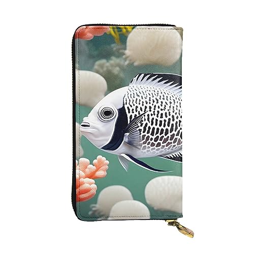 AthuAh Weiße tropische Fische lange Clutch-Geldbörse, Damen-Geldbörse mit Reißverschluss, Multi-Karten-Organizer, und lange Brieftasche mit großer Kapazität, Schwarz , Einheitsgröße