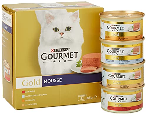 Purina Gourmet Gold Mousse für Katzen mit Fisch, Leber, Truthahn und Rind, 96 Dosen à 85 g
