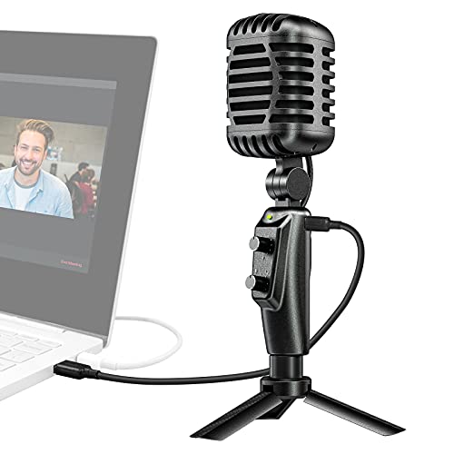 Moman PC-USB-Studio-Kondensator-Mikrofon, 16-mm-Membran Retro Microphone 192kHz/24bit mit Tischstativ, Typ-C Kabel, OTG für Mac Laptop Smartphone Handy Gaming Streaming Podcasting Skype YouTube EMR