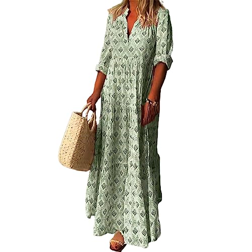Suzanne Langes Kleid Mode Verkleiden Bohemia Print Rüschen Großer Saum Kleid Grün 2XL