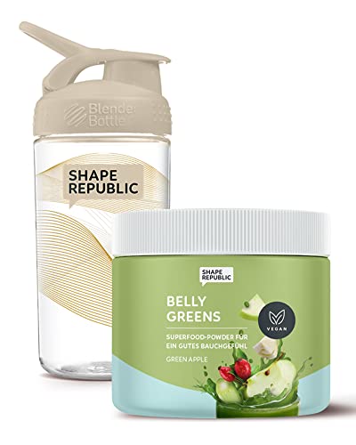 Shape Republic Spirulina-Pulver 210 g | Superfood Powder | Belly Greens | 100% pflanzlich & natürlich | Glutenfrei und laktosefrei | Grüner Apfel | Anti-Blähbauch (Belly Greens + Blenderbottle)
