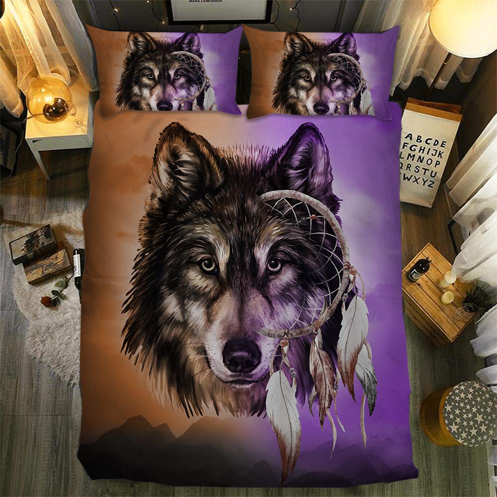 Sticker superb Böhmen Traumfänger Feder Lila Braun Bettwäsche Set, Boho Luxus 2/3 Teilig Tier Wolf Löwe Polyester Bettbezug mit Kissenbezug (Wolf, 200x200cm)