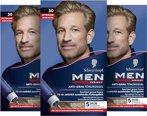 Schwarzkopf Men Perfect Anti-Grau Tönungs-Gel 30 Mittelblond (80 ml), Haarfarbe für Männer blendet graue Haare aus, Anti-Grau Tönung für ein natürlich aussehendes Ergebnis