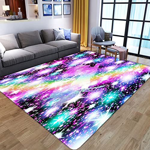 3D Einhorn Teppich Wohnzimmer Teenager Kind Junge Mädchen Schlafzimmer Teppich Cartoons Blumen Regenbogen Pferdedruck Moderne Dekoration Indoor Outdoor Flanell Weiche Teppiche (Violett,120x160 cm)