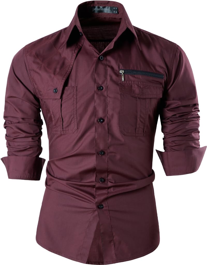 jeansian Herren Freizeit Hemden Shirt Tops Mode Langarmshirts Slim Fit 8371 WineRed XL