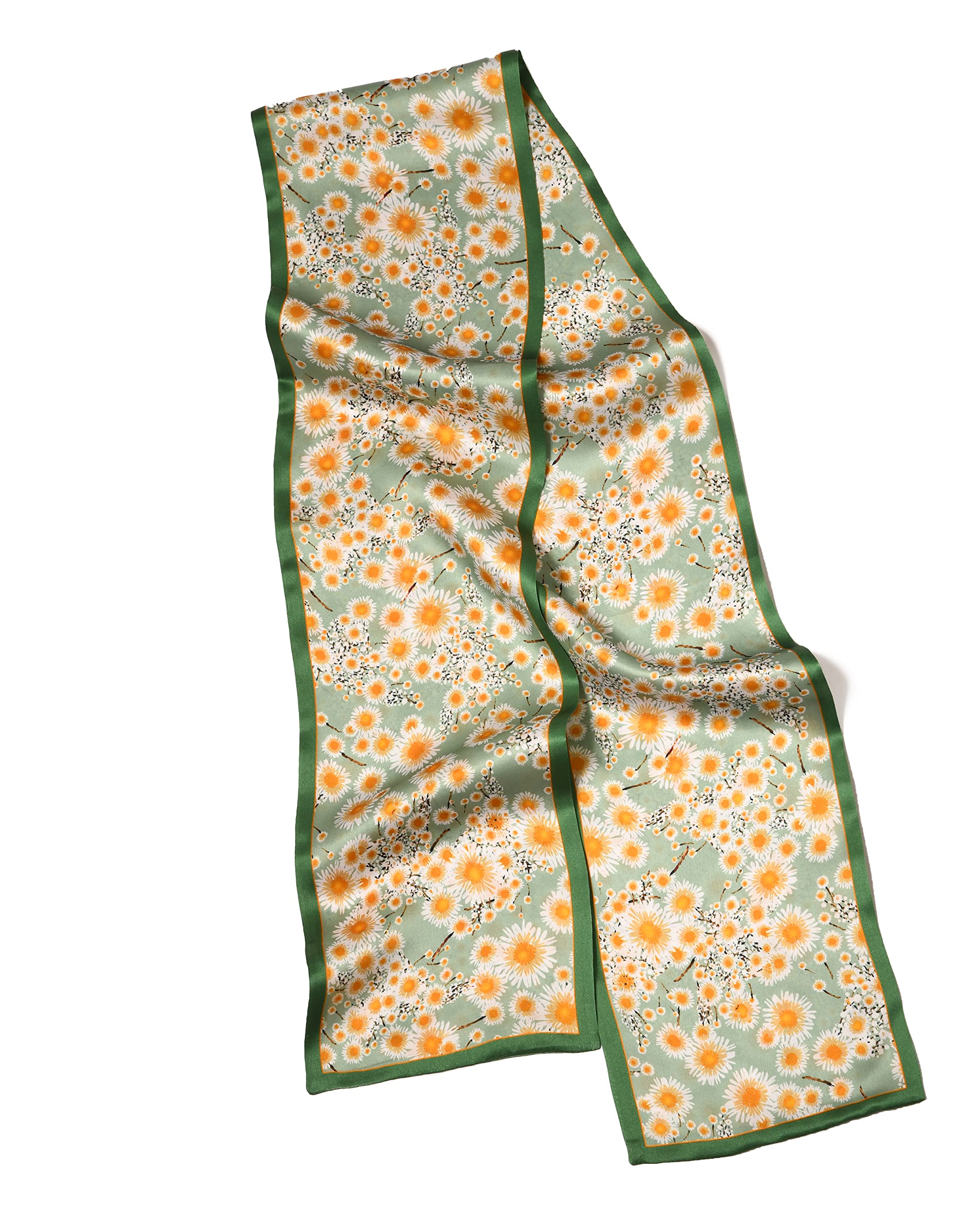 MayTree Seidentuch, schmales, buntes Halstuch für Damen aus 100% Maulbeer-Seide, Gänseblümchen, grün, orange, weiss, beiseitig 16 x 145 cm
