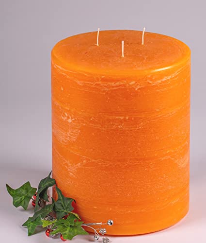 Rustic Kerzen, 3-Docht Landhaus Kerze modern, Orange 20x17 cm - 4024 - Indoor Rustik Kerze mit DREI Dochte, mit besonderer Leuchtkraft. 3 Wick Pillar Rustic Candles. (Mit Filzgleiter)