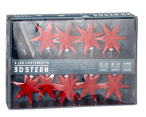 Stern Lichterkette mit 9 LED in rot - Sternen Lichterkette für Innen & Außen - Lichterkette Strom betrieben mit 3D Sternen