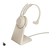 Jabra Evolve2 65 Wireless PC Headset with Charging Stand – Noise Cancelling UC Certified Mono Headphones With Long-Lasting Battery – USB-C Bluetooth Adapter – Beige