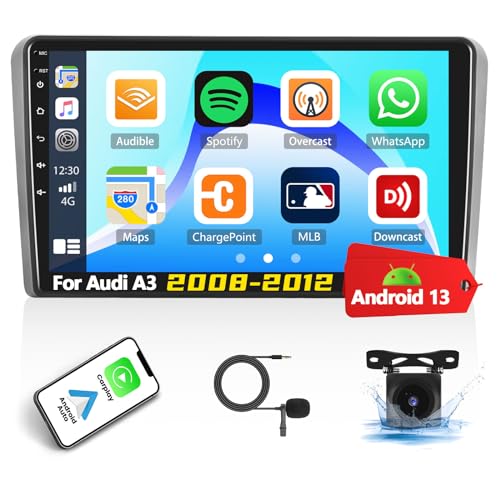 [2+64G] Android 13 mit Navi Autoradio für Audi A3 2008-2012,9 Zoll Touchscreen Radio mit Carplay Android Auto GPS WiFi FM / RDS Bluetooth Mirror Link Canbus + AHD Backup Kamera & Mic
