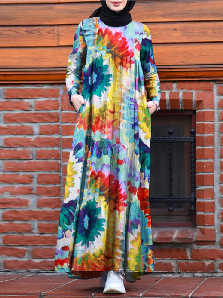 Vintage Blumendruck Tie Dye Kontrastfarbe Kaftan Tunika A-Linie Tiered Muslim Kleid