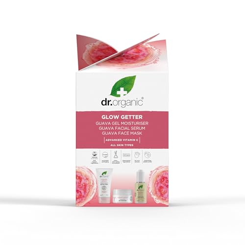 Dr Organic Guava Glow Getter Hautpflege-Set, Vitamin C, Gel-Feuchtigkeitscreme, Gesichtsserum & Gesichtsmaske, Geschenkset, Tierversuchsfrei, Paraben- & SLS-frei, Organisch