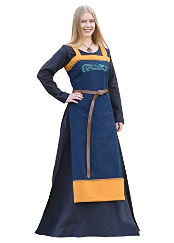 Battle-Merchant Wikinger Trägerkleid Hilja mit Stickerei | mittelalterliches Schürzenkleid für Damen | LARP Gewandung aus Baumwolle | Größen S-XXL blau/senfgelb oder rot/Petrol (blau, M)