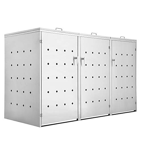 Zelsius Edelstahl Mülltonnenbox Rhombus für 3 Mülltonnen je 120 und/oder 240 Liter, Mülltonnenverkleidung mit 3 Klappdeckel, Metall Müllbox, abschließbar