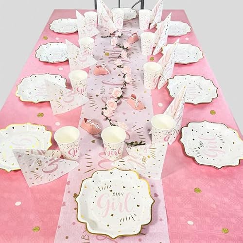 Babyparty und Baby Shower Tischdeko Set für Mädchen für 10 Gäste mit Becher, Teller, Servietten, Tischläufer und mehr… (Goldherzchen Rosa)