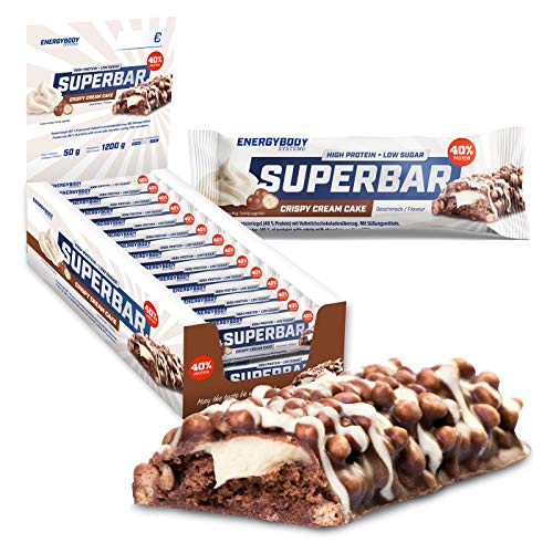 Energybody Superbar Proteinriegel Crispy Cream Cake 24x 50g / High Protein Riegel 40% Eiweiß - 2g Zucker/Eiweißriegel zuckerarm für Low Carb Ernährung/Protein Bars