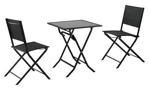 METRO Professional Bistro Set Santorine 3-TLG., Stahl/Textilehne/Glas, klappbare Stühle und Tisch, schwarz