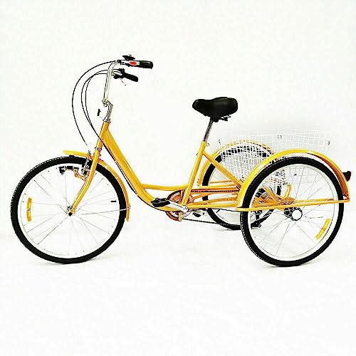 Balider Dreirad für Erwachsene Senioren, 24 Zoll 6 Geschwindigkeit 3 Rad Fahrrad mit Korb, Cityfahrrad Tricycle mit Kotflügel& Reflektierende Lichter (Gelb(2))