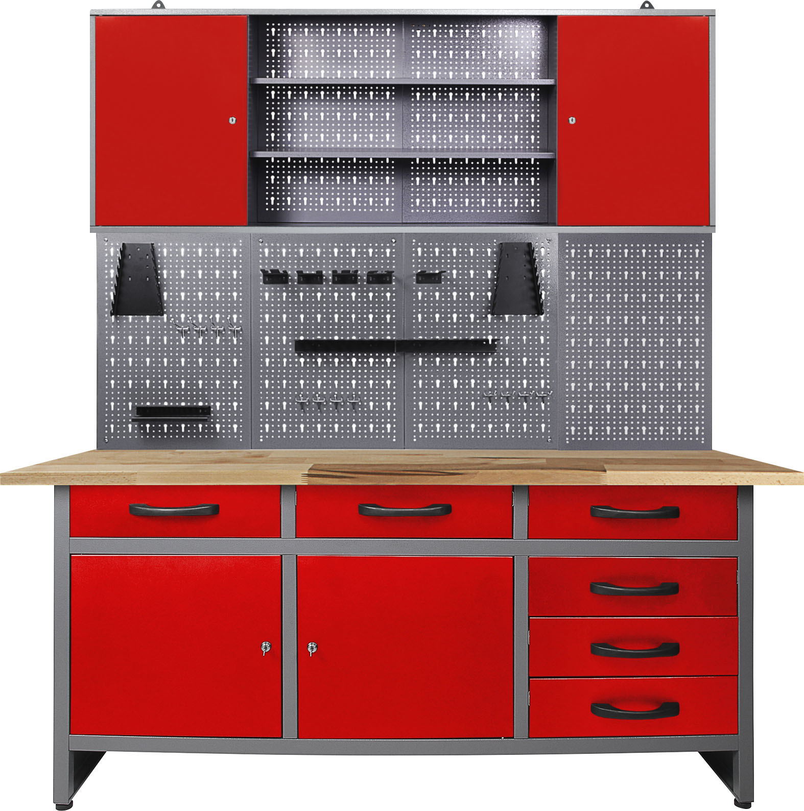 Ondis24 Werkstatteinrichtung rot 160cm, Werkstatt - Werkbank, Hängeschrank, Euro - Lochwand mit Haken
