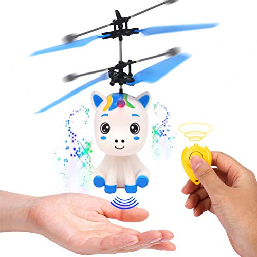 Guanan Mini Flyer Einhorn mit Fernbedienung und USB-Kabel, fliegendes Einhorn mit LED-Leuchteffekt und Propeller, handgesteuert, Kinder, Mädchen ab 6 Jahre