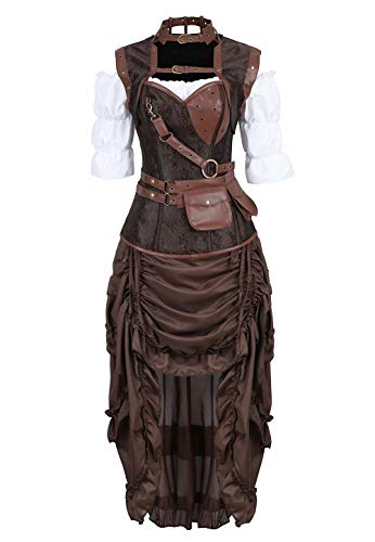 Josamogre Steampunk Corsagenkleid Kunstleder Korsett Corsage Kostüm mit Pirat Spitzenrock und Bluse für Karneval Fasching Halloween Braun L