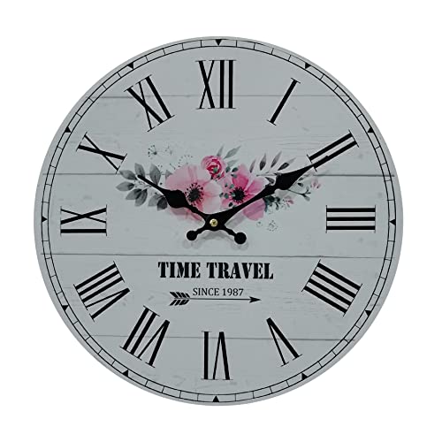Rebecca Mobili Vintage-Stil Wanduhr, Dekorative Uhr, MDF, Weiß Schwarz Rosa, Blumendruck, Shabby Chic Stil - Durchmesser 33,8 cm x T 4 cm - Art. RE6807