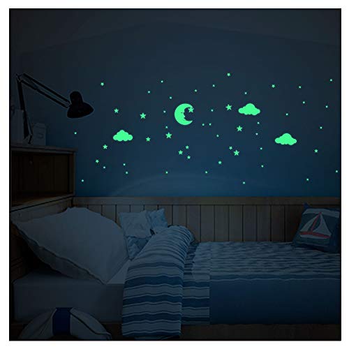 Fluoreszierende Aufkleber | Leuchtaufkleber Wolke und Sterne | Wanddeko fluoreszierend | 25 x 50 cm