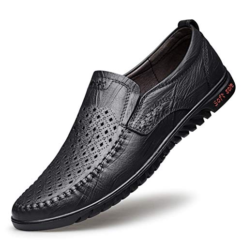 Lässige Schuhe Männer faule Schuhe, Casual Leder-Rund-Zehen-Schuhe, Flachstich-Festfarbe Perforierte Wasserhahnschuhe (Color : Black Perforated, Size : 45 EU)