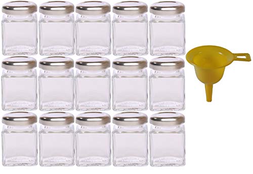 Viva Haushaltswaren - 15 x Mini-Marmeladenglas / Gewürzglas 50 ml mit silberfarbenem Schraubverschluss, Gläser Set mit Deckel für Gewürze, Konfitüre, Salz etc. verwendbar (inkl. Trichter)