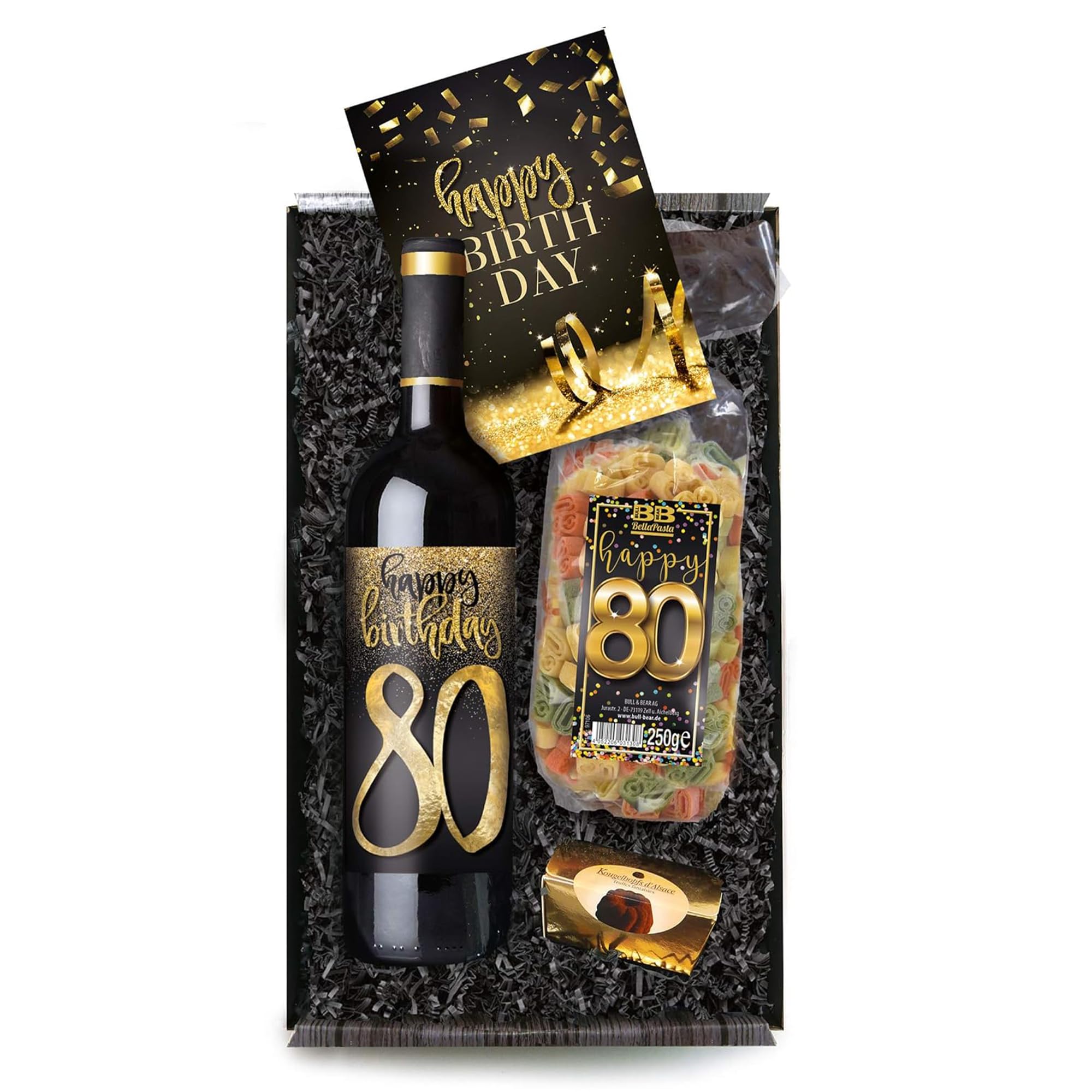 Bull & Bear Geschenkbox "Happy Birthday 80", Set mit Rotwein, Nudeln und Geburtstagskarte, Geschenk zum 80. Geburtstag