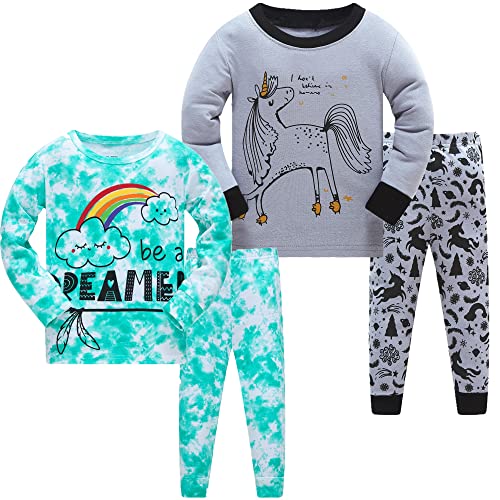 Mädchen Schlafanzug Tie Dye Bedruckte Nachtwäsche Regenbogen 100% Baumwolle Pyjamas für Kinder Einhorn Schlafkleidung Langarm 4 Stück Set 2-3 Jahre