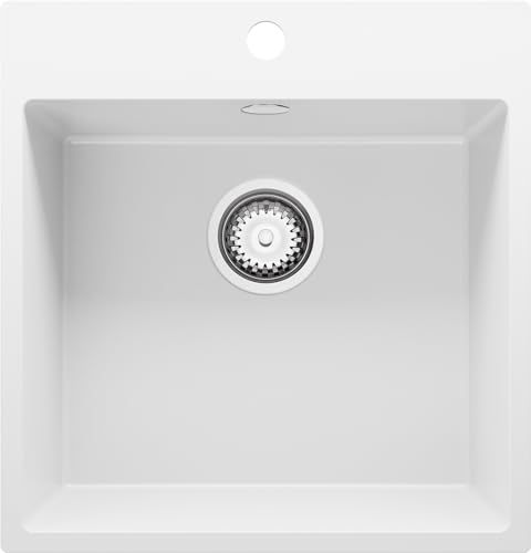 Spülbecken Weiß 48x50 cm, Granitspüle 1 Becken + Ablauf-Set, Küchenspüle ab 50er Unterschrank, Einbauspüle von Primagran