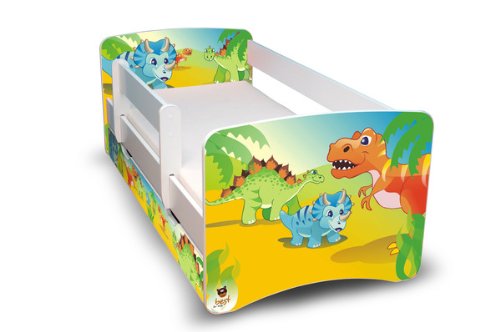 Best For Kids Kinderbett 80x160 mit Rausfallschutz + Schublade 44 Designs (Dinosaurier)
