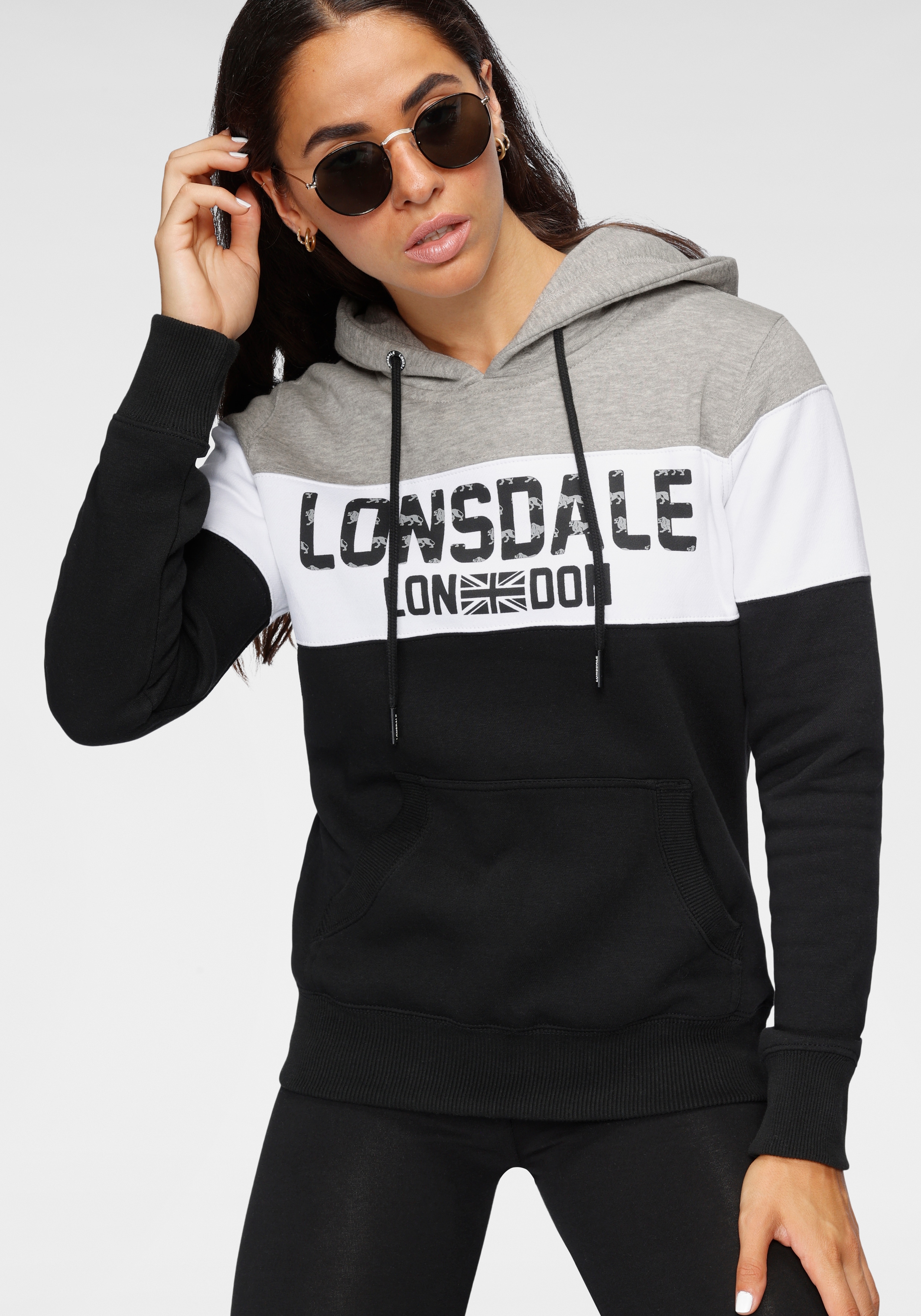 Lonsdale Womens Sleeve Hooded Sweatshirt, Black, Large