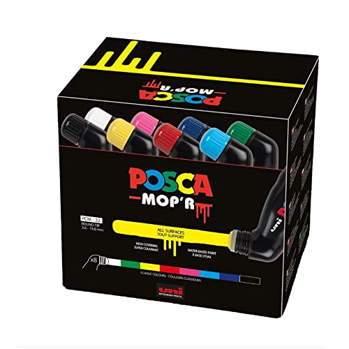 POSCA - Uni Mitsubishi Pencil – Marker Posca MOP'R – runde Spitze XXL 3 – 19 mm – ergonomische Form, halbfester Körper – Marker auf Wasserbasis – alle Halterungen – 8 Farben