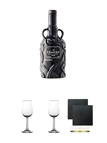 Kraken Black Spiced Ceramic Limited Edition (schwarz) 0,7 Liter + 2 Bugatti Nosing Gläser mit Eichstrich 2cl und 4cl + 2 Schiefer Glasuntersetzer eckig ca. 9,5 cm Ø