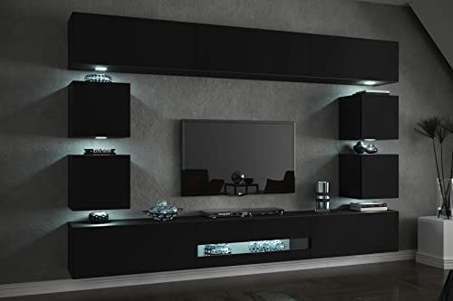 Furnitech Future C80 Modernes Wohnzimmer Wohnwand Wohnschrank Schrankwand Mediawand Möbel MATT (LED RGB 16 Farben, C80-18B-M1 1A)