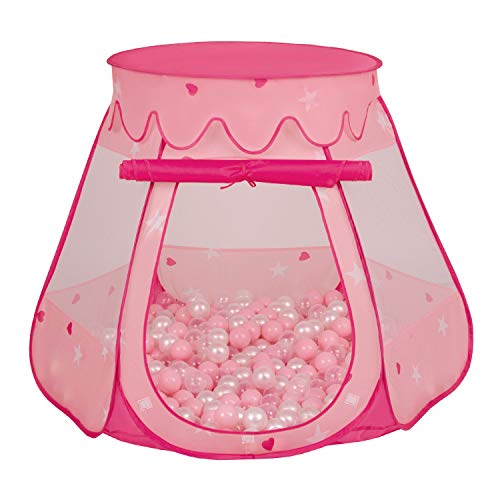 SELONIS Baby Spielzelt Mit Plastikbällen Zelt 105X90cm/100 Bälle Plastikkugel Kinder, Pink:Puderrosa-Perle-Transparent