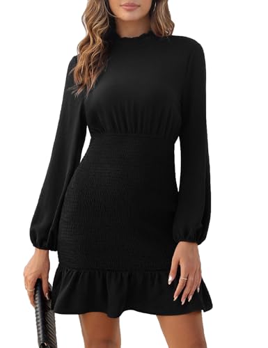 KOJOOIN Damen Rüschen Mock Neck Langarm Minikleid Casual Gesmokt Hohe Taille Rüschen Saum Bodycon Kurze Kleider, Schwarz, Mittel