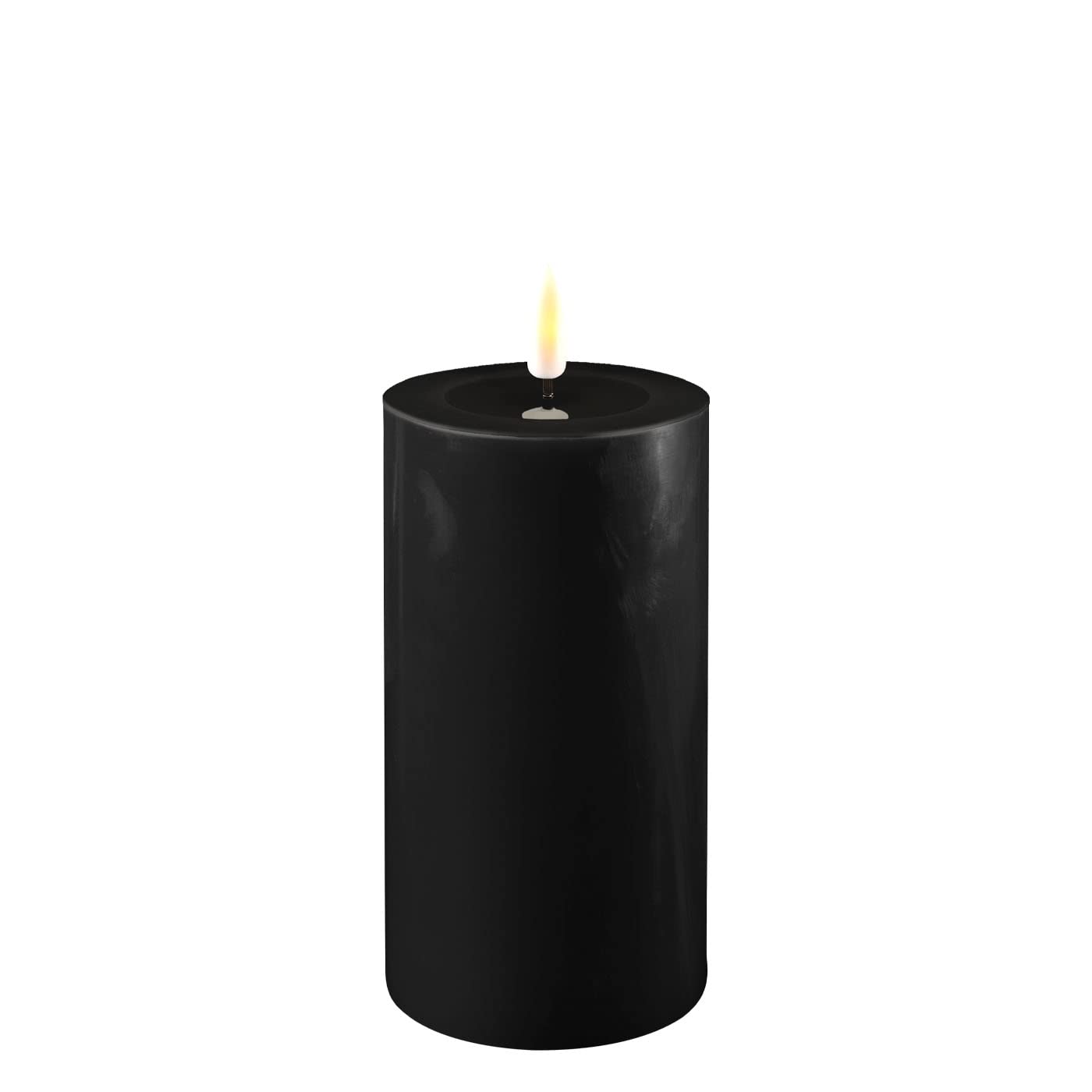 ReWu LED Kerze Deluxe Homeart, Indoor LED-Kerze mit realistischer Flamme auf einem Echtwachsspiegel, warmweißes Licht - Schwarz 7,5 x 15 cm