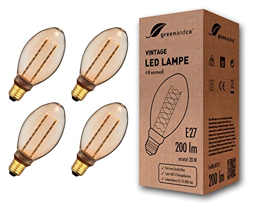 4x greenandco® Vintage Design LED Lampe im Retro Stil zur Stimmungsbeleuchtung E27 B75 Edison Glühbirne, 4W 200lm 1800K extra warmweiß 300° 230V flimmerfrei, nicht dimmbar 2 Jahre Garantie