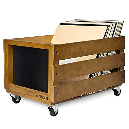 Navaris Holz Schallplatten Kiste mit Kreidetafel - mit Rädern - 43,2 x 30,6 x 28cm - für bis zu 80 LPs - Vinyl Aufbewahrung Holzkiste - Dunkelbraun