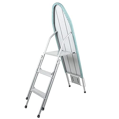 Faltbare Leiter + Bügelbrett, alles in einem, Leiter mit 3 Stufen, Bügeleisen mit Baumwollbezug, robustes Stahlgestell, kratzfeste Füße