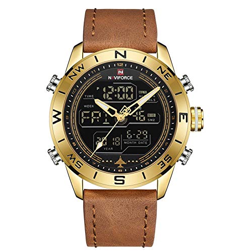 Pongnas Männliche PU-Band-Quarz-elektronische Uhr-wasserdichte Sport-Armbanduhr(Gold)