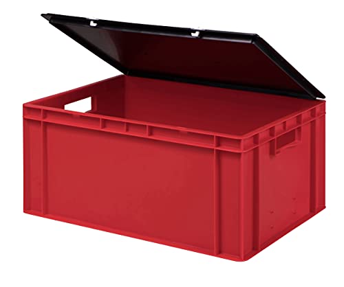 Stabile Profi Aufbewahrungsbox Stapelbox Eurobox Stapelkiste mit Deckel, Kunststoffkiste lieferbar in 5 Farben und 21 Größen für Industrie, Gewerbe, Haushalt (rot, 60x40x28 cm)