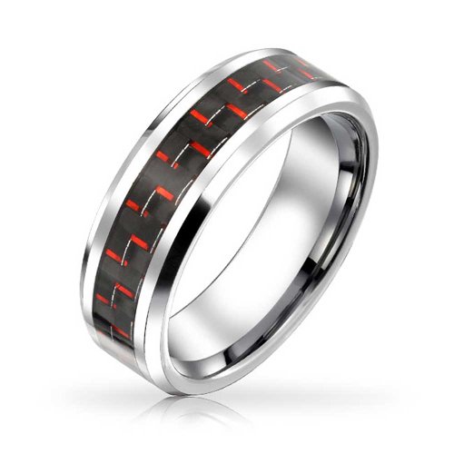Bling Jewelry Geometrisches Muster Rot Schwarz Kohlefaser Inlay Titan Ehering Ringe für Männer 8MM