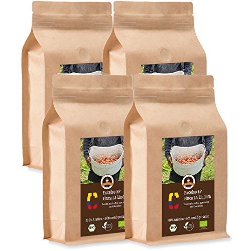 Kaffee Globetrotter - Colombia Excelso EP Finca la Lindura - Bio - 4 x 1000 g Fein Gemahlen - für Kaffee-Vollautomat, Kaffeemühle - Röstkaffee aus biologischem Anbau | Gastropack Sparpack